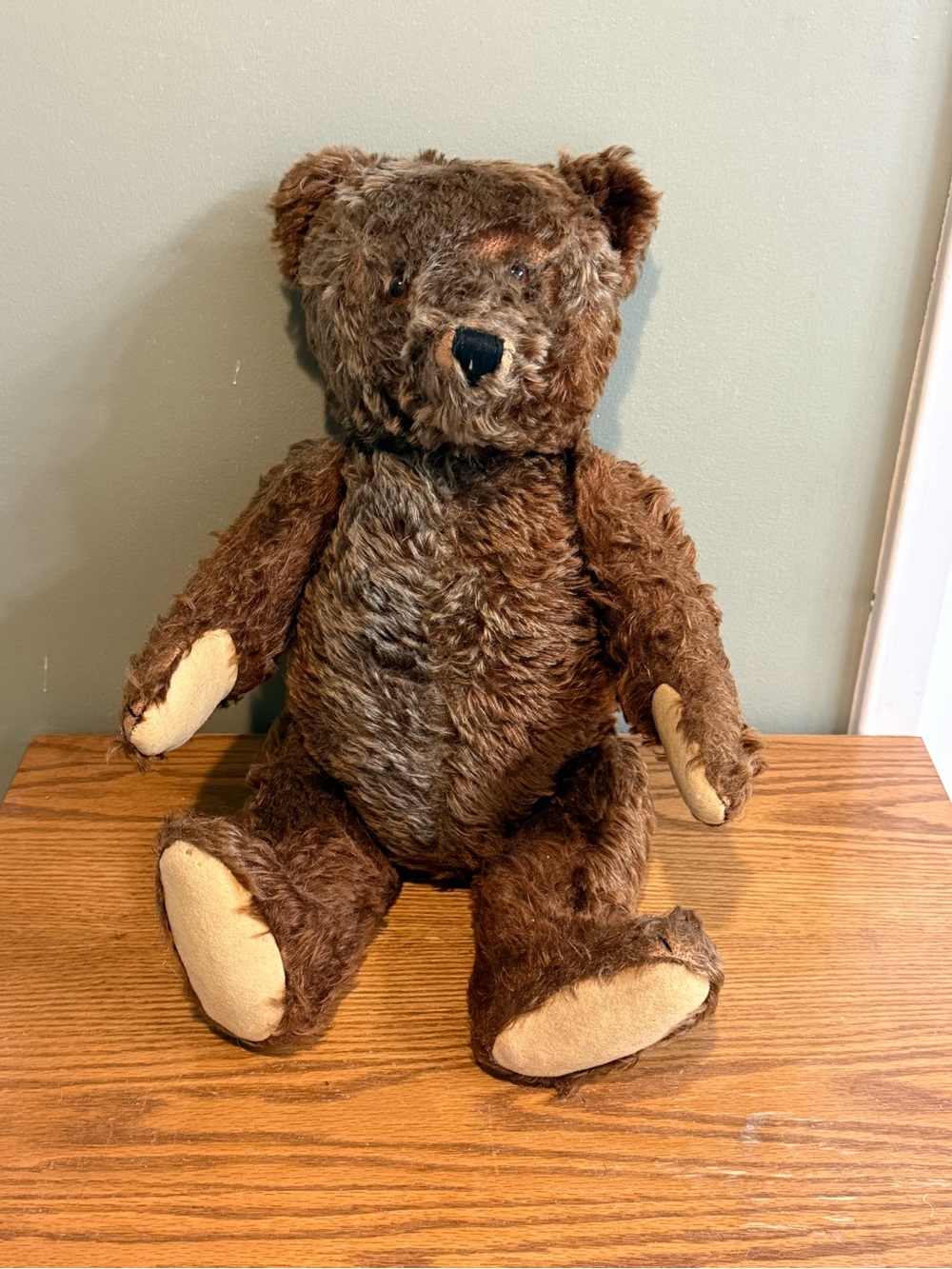 Antique Early Straw Stuffed Brown Mohair Jointed Teddy Bear 19” Brown Eyes